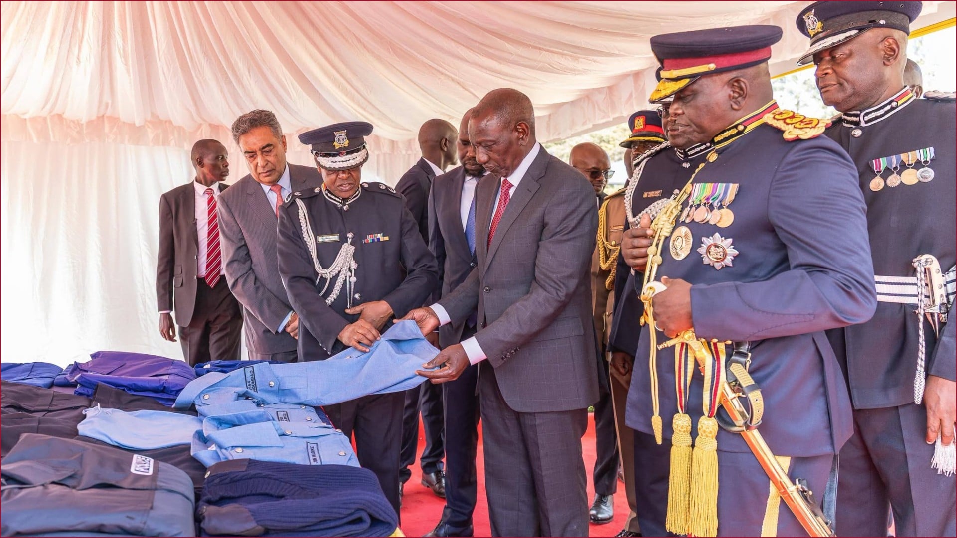 President William Ruto and senior security bosses inspect new police uniforms.